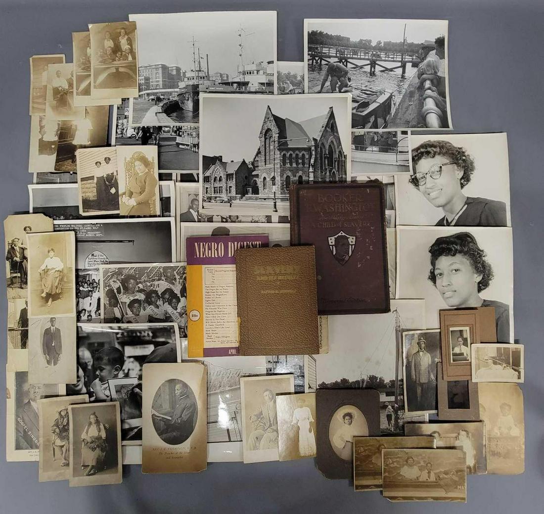 Collection of vintage African American books and photos: Collection of vintage African American books and photos, includes three books including Slavery and its results by Alfred Benners, April 1946 Negro Digest and Booker T Washington The master mind of a 