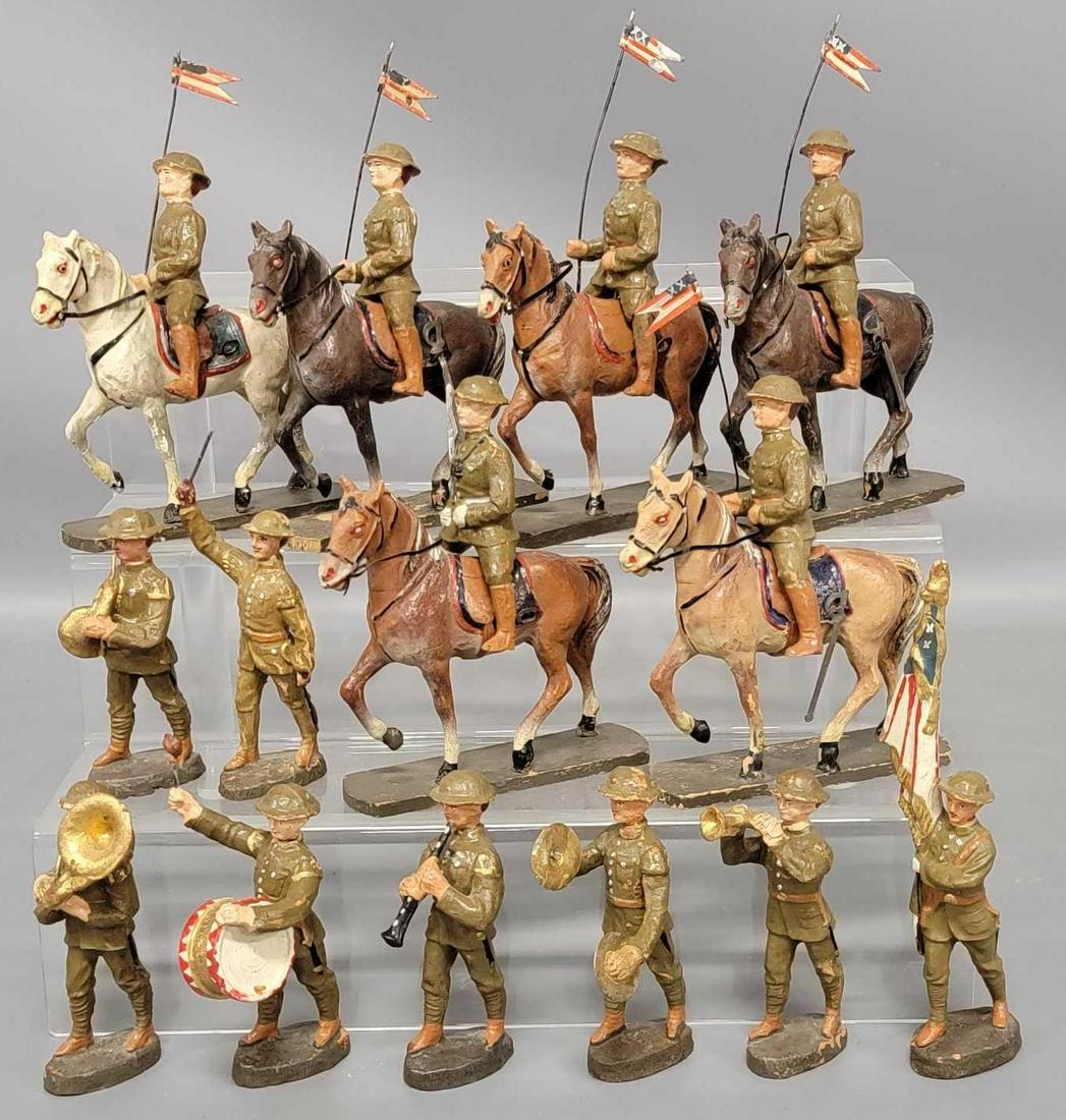 Fourteen piece Elastolin Lineol World War I US Mounted doughboy cavalry and Marching band: Fourteen piece Elastolin Lineol World War I US Mounted doughboy cavalry and Marching band includes six cavalry, these are about 4 1/2 inches long and 5 1/2 inches high, these are all in very good cond