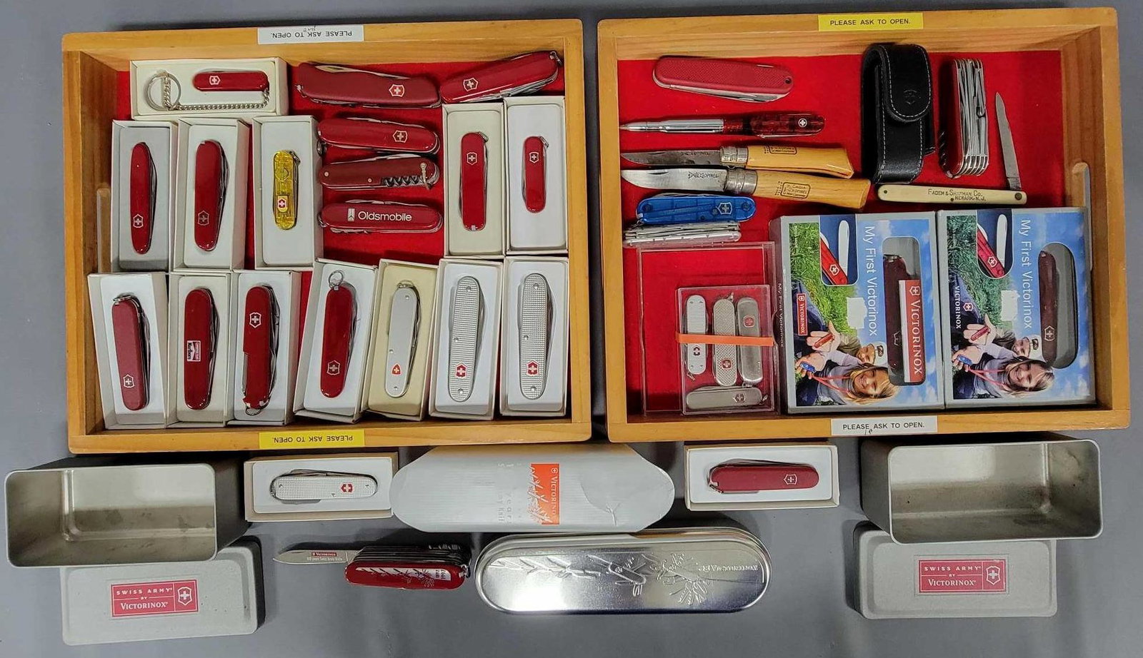 Thirty six assorted mostly Victorinox pocket knives: Thirty six assorted mostly Victorinox pocket knives, includes a 1897-1997 100 year anniversary knife in tin, two my first Victorinox knife sets for kids, four stainless knives, one 4 inch, two 3 1/2 i