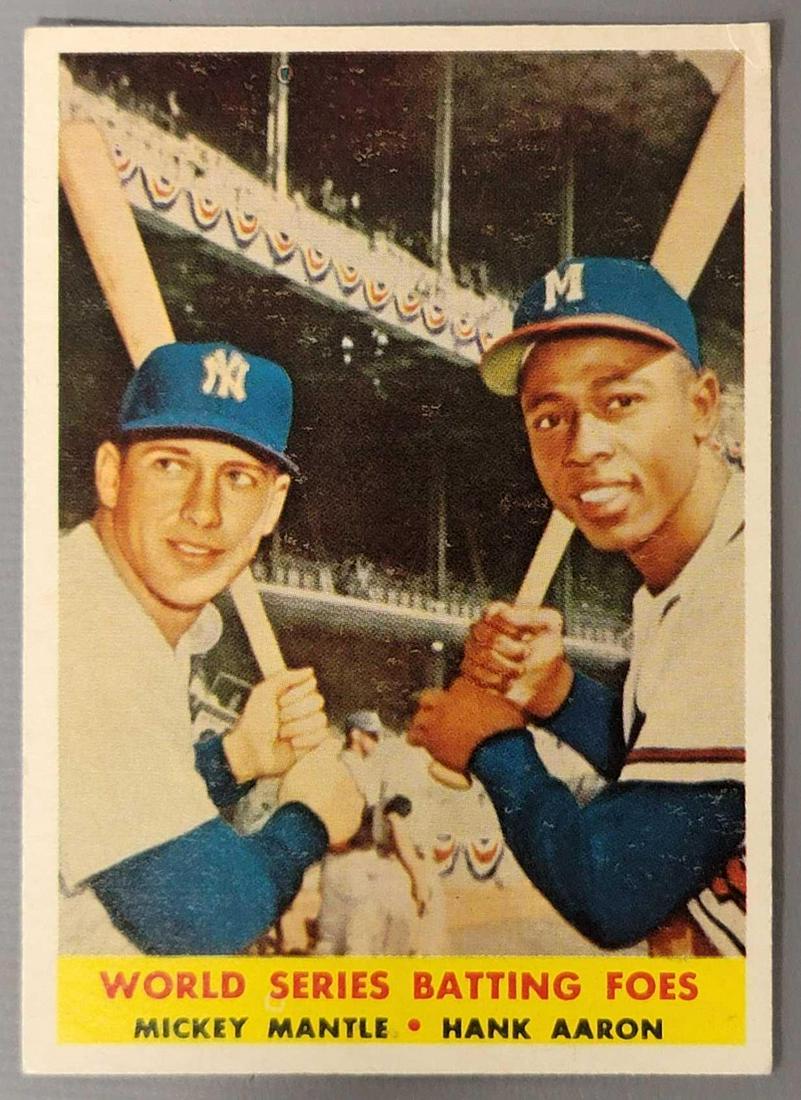 1958 Topps Mickey Mantle Hank Aaron Baseball card WS batting foes #418: Mickey Mantle Hank Aaron Topps Baseball card WS batting foes #418, card is very good, three of the corners are good with light touches, the upper right has a crease that breaks the surface, centering