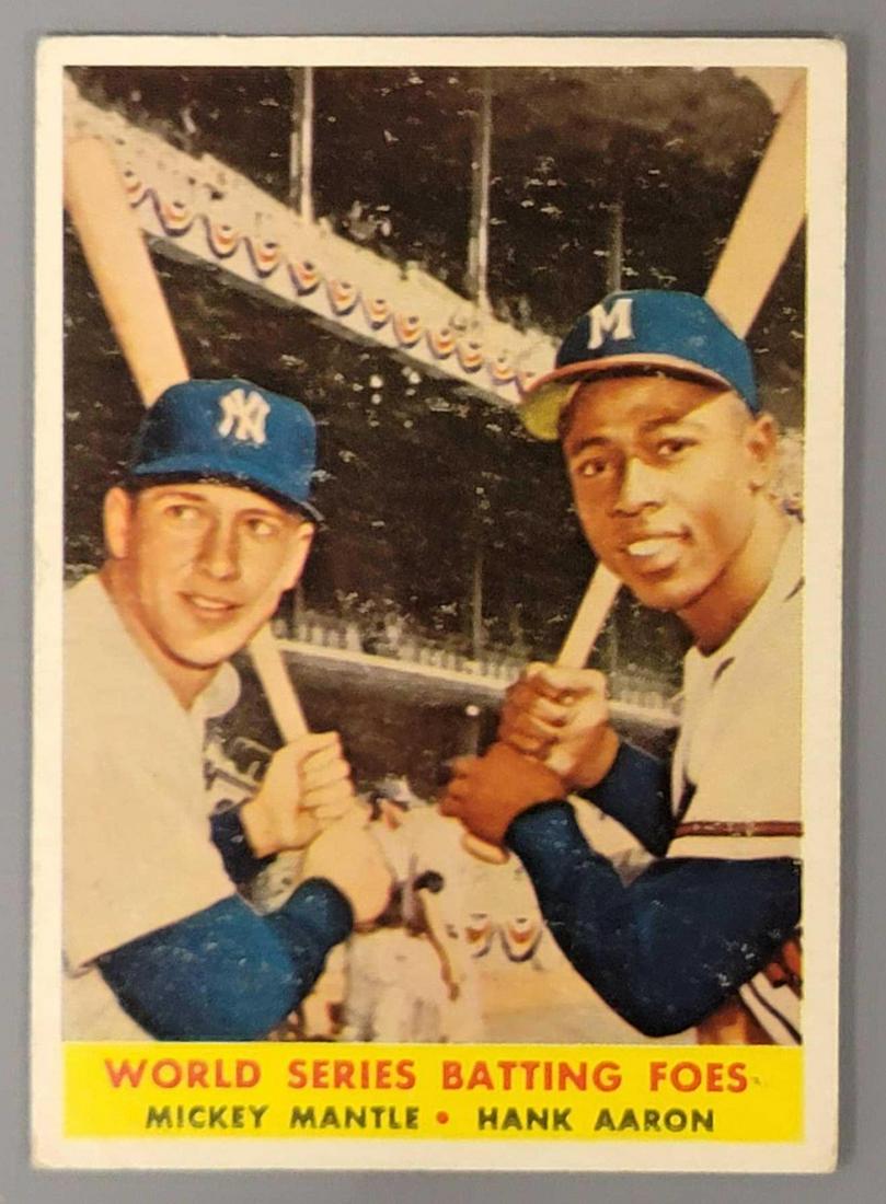 Mickey Mantle Hank Aron Topps Baseball card 1958 WS batting foes #418: Mickey Mantle Hank Aron Topps Baseball card WS batting foes #418, card is very good with great color, corners have wear, centering id approximately 55/45 right to left.