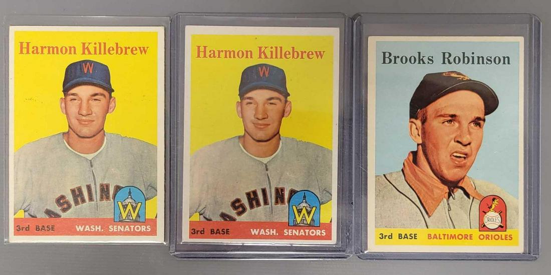 Three 1958 Topps baseball cards including Brooks Robinson and Harmon Killebrew: Three 1958 Topps baseball cards including Brooks Robinson and Harmon Killebrew, includes two #288 Harmon Killebrew, both are excellent with fantastic color and light corner wear and a #307 Brooks Robi