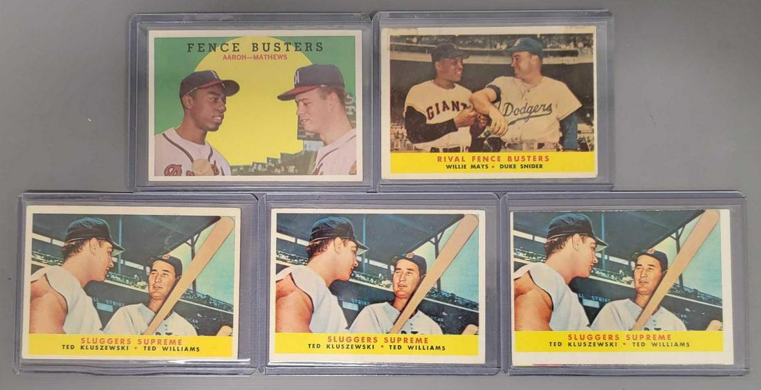 Five Topps dual player cards from 1958 & 1959: Five Topps dual player cards from 1958 & 1959, includes three 1958 Sluggers Supreme with Kluszewski and Williams #321, all are very good to excellent with very light edge and corner wear in spots,