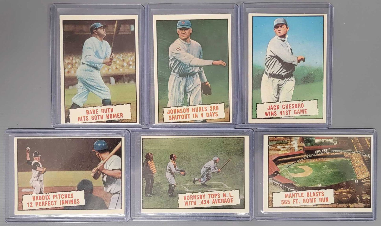 Six 1961 Topps Baseball Thrills cards: Six 1961 Topps Baseball Thrills cards, includes #401 Babe Ruth hits 60th homer, #404 Hornsby, #406 Mantle Blasts 565 Home run, #407 Jack Chesbro, #409 Johnson Hurls 3rd shutout, #410 Haddix pitches 12