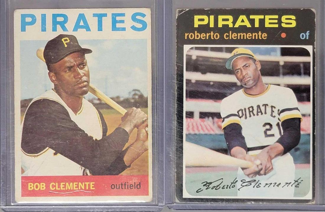 Two Topps Roberto Clemente baseball cards 1964 and 1971: Two Topps Roberto Clemente baseball cards 1964 and 1971, 1964 #440 is very good with no creases but does have rounded corners, back is nice but there are veins in the answer box lower right, 1971 #630