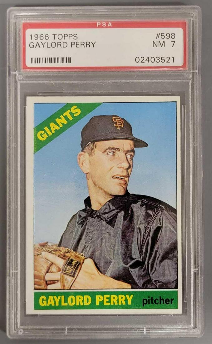 Topps 1966 baseball Gaylord Perry card #598 PSA graded NM 7: Topps 1966 Gaylord Perry baseball card #598 PSA graded NM 7, case is in very good condition, it does have light marks on the case from storage but no major scratches or issues.