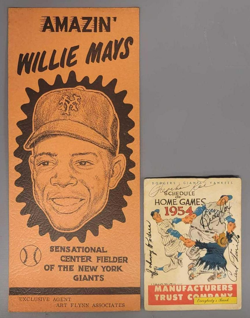 Two 1950's baseball memorabilia items: Two 1950's baseball memorabilia items, includes an Art Flynn associates created PR Card of Amazin Willie Mays, sensational center fielder of the New York Giants, it is in very good condition and a