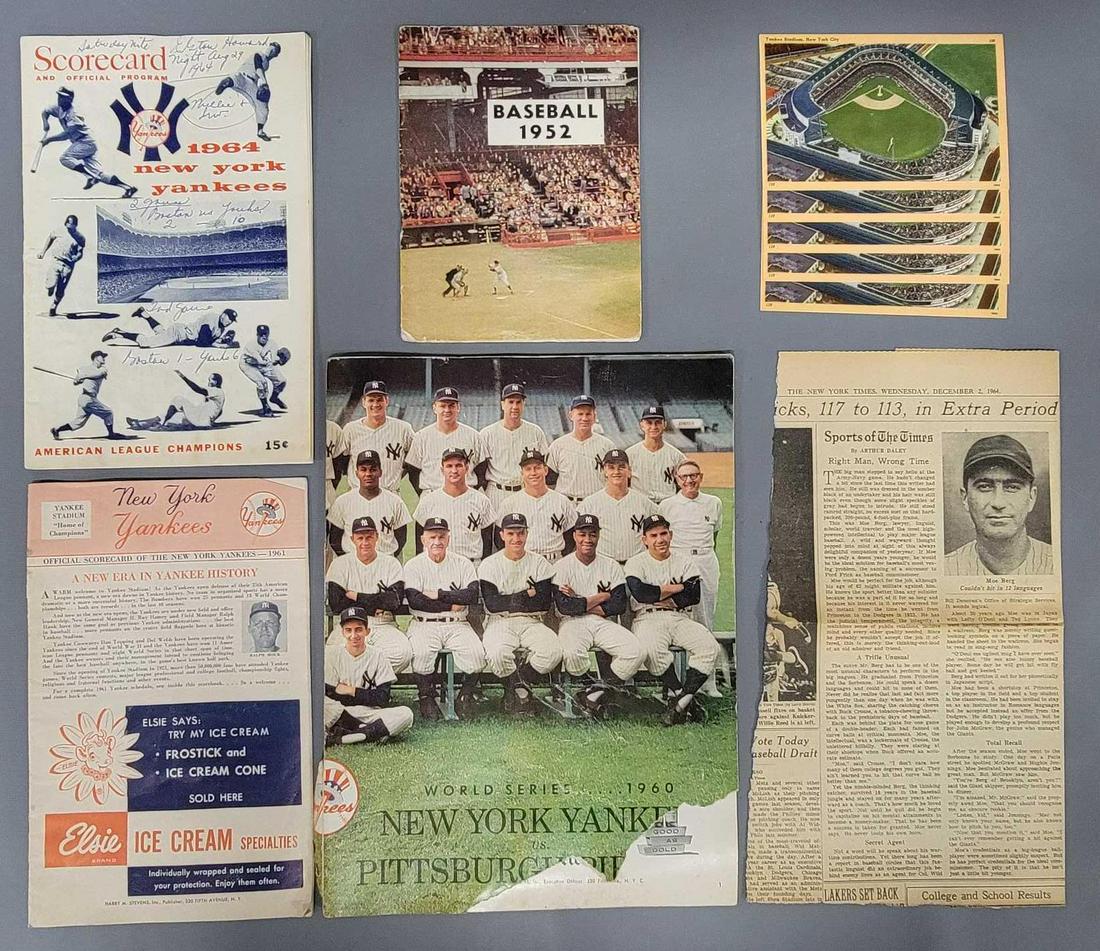Collection of New York Yankees programs and other items: Collection of New York Yankees programs and other items, includes a 1960 World Series Program from New York, cover is rough as its missing a portion of the bottom edge and the spine is split to 3 inch