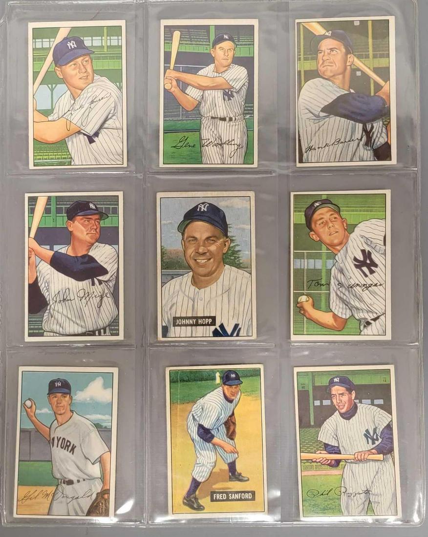 Nine 1952 Yankees Color Bowman baseball cards: Nine 1952 Yankees Color Bowman baseball cards, cards are good to excellent, includes Fred Sanford red back, this is the only card with any real issues as it has writing on the back and soft corners, J