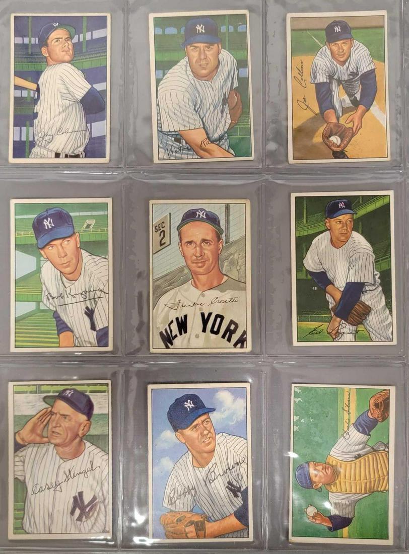 Nine 1952 Yankees Color Bowman baseball cards: Nine 1952 Yankees Color Bowman baseball cards, includes Joe Collins, Vic Raschi, Jerry Coleman, Ed Lopat, Frank Crosetti, Bob Kuzava, Charlie Silvera Bobby Brown and Casey Stengel, most of these cards