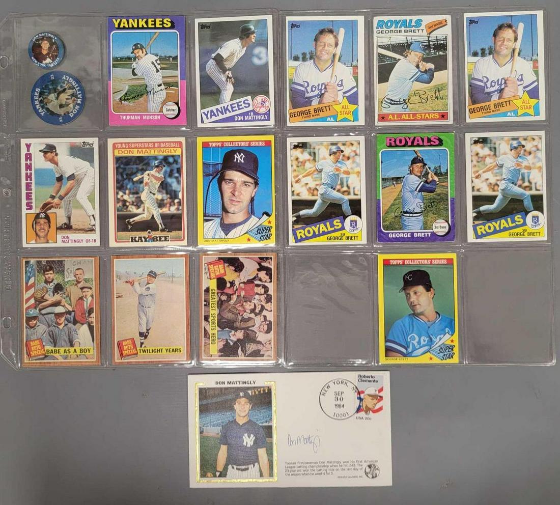 Collection of fifteen assorted Topps baseball cards plus extras: Collection of fifteen assorted Topps baseball cards plus extras, includes 1975 Thurmon Munson, 1975 George Brett Rookie, three different 1962 Babe Ruth Commemorative cards, 1984 Don Mattingly rookie, 
