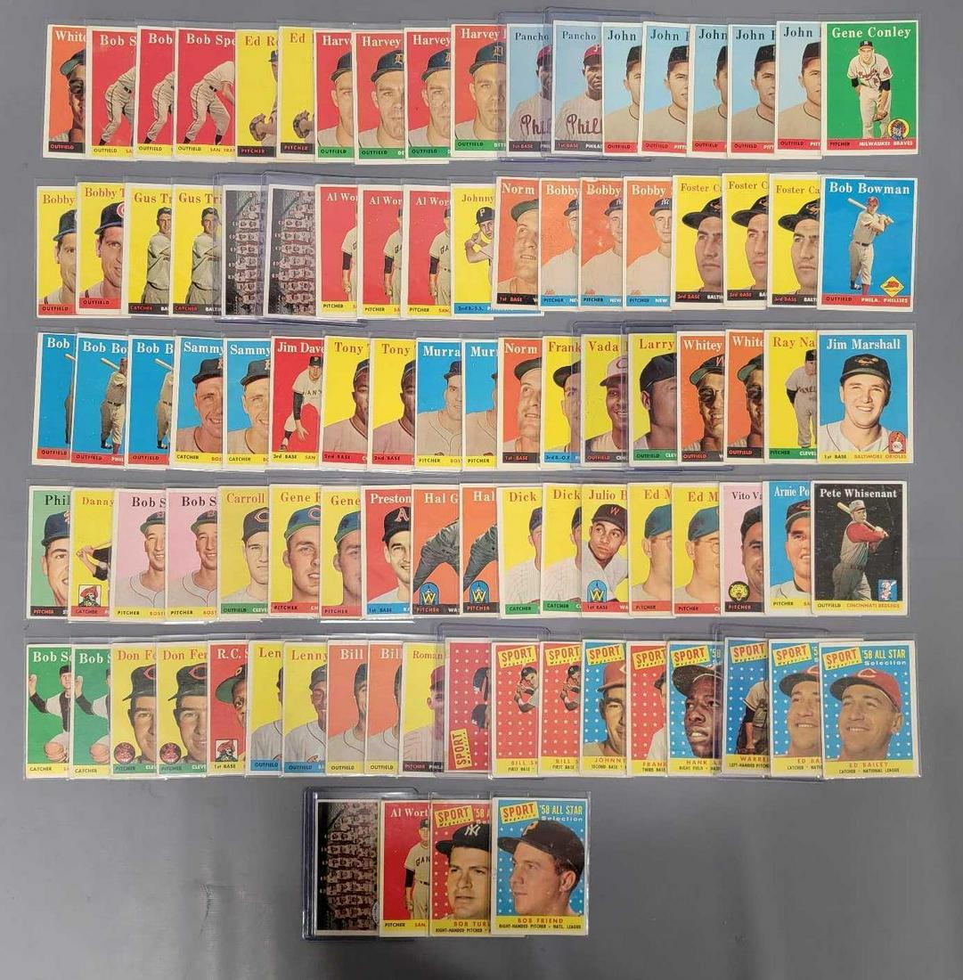 Ninety-five 1958 Topps common baseball cards: Ninety 1958 Topps baseball cards, cards fall between #409 and #493, there are duplicates, a few may have writing on them, a few have tape remnants or residue minor veins or a few creases but the major