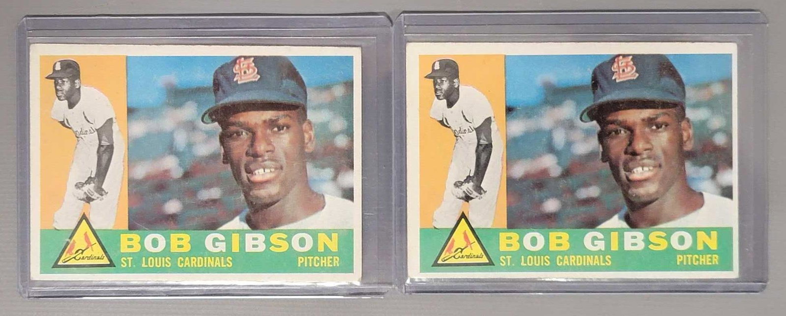 Two 1960 Topps Bob Gibson baseball cards: Two 1960 Topps Bob Gibson baseball cards, cards are very good to excellent, both have great color with no creases, both have light edge and corner wear in spots.