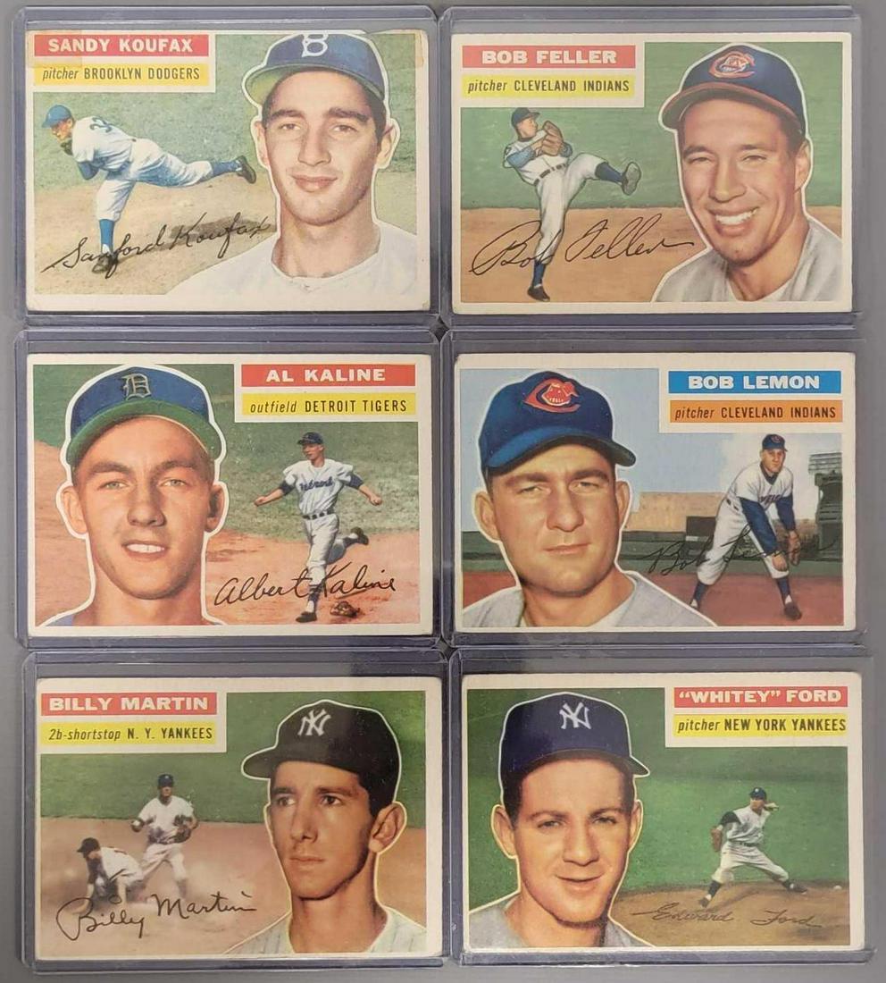 Six 1956 Topps baseball cards all stars: Six 1956 Topps baseball cards all stars, includes #20 Al Kaline, #79 Sandy Koufax, #181 Billy Martin, #200 Bob Feller, #240 Whitey Ford and #255 Bob Lemon, all except the Koufax are in good to very go