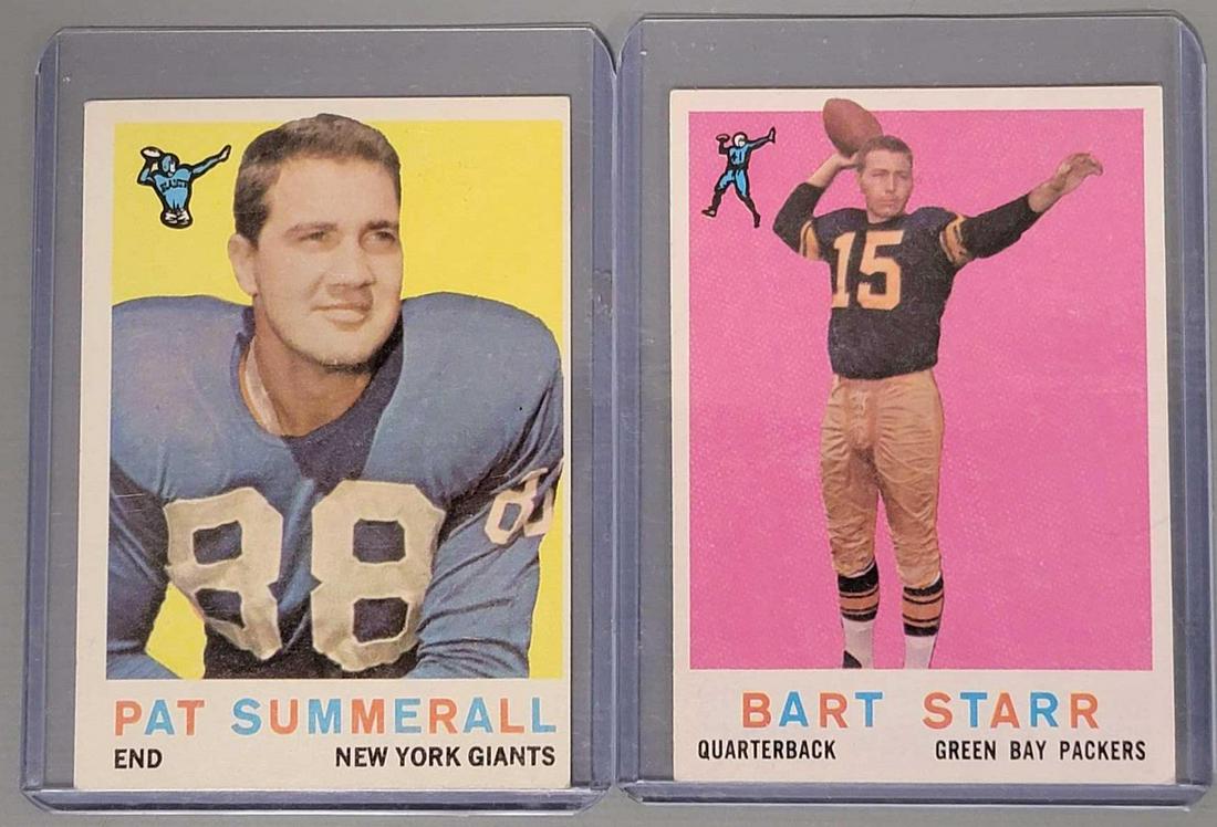 Two 1959 Topps football cards: Two 1959 Topps football cards, includes a #23 Bart Starr and a #41 Pat Summerall, both cards are very good with light corner wear.