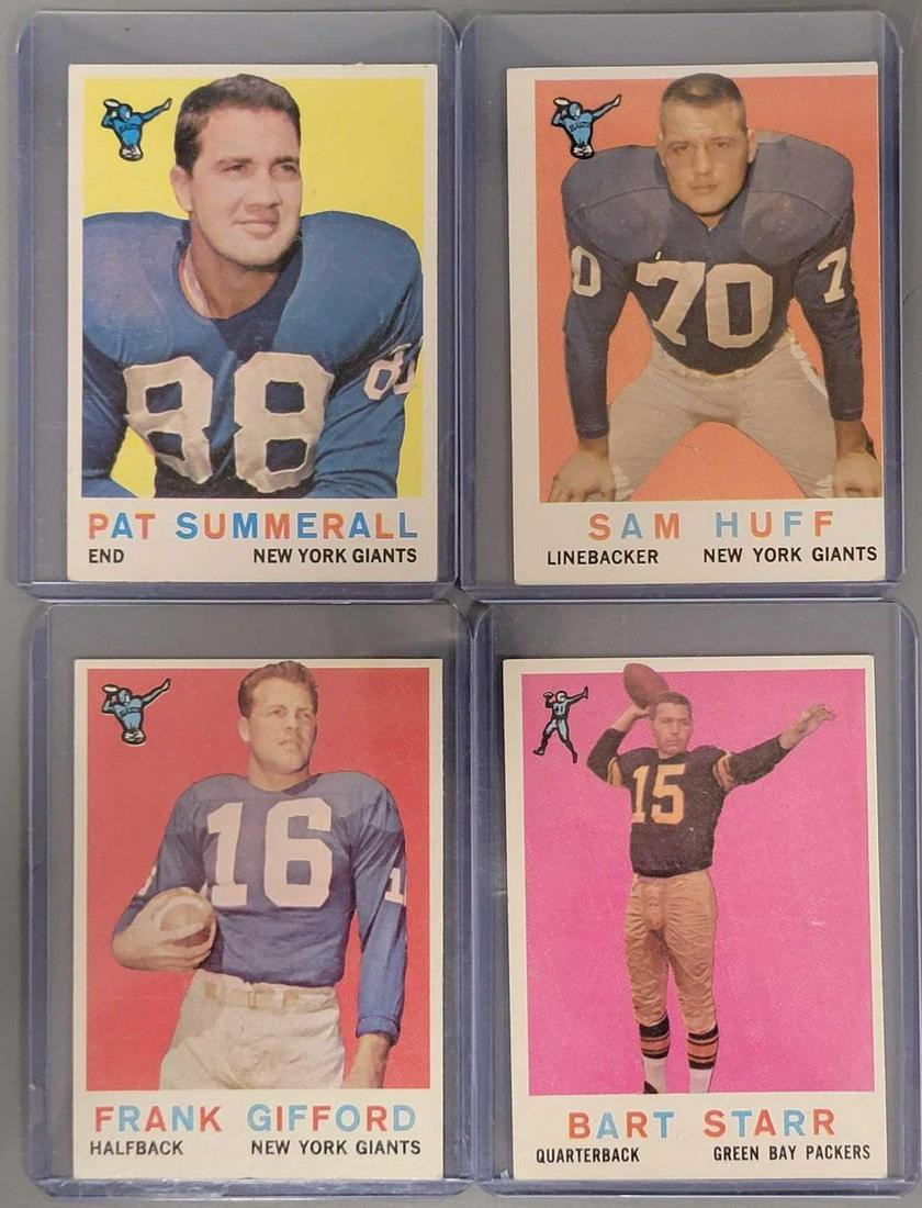 Four 1959 Topps football cards: Four 1959 Topps football cards, includes a #23 Bart Starr, #20 Frank Gifford, #51 Sam Huff and a #41 Pat Summerall, all are in very good condition with light edge and corner wear, the Huff is very off