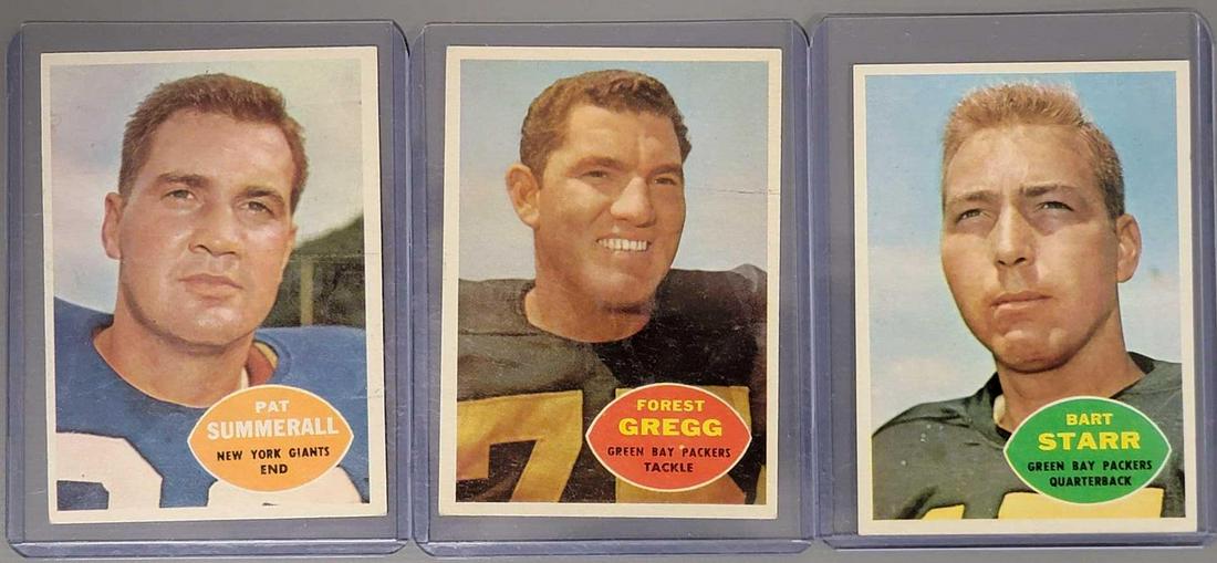 Three 1960 Topps football cards: Three 1960 Topps football cards, includes #51 Bart Starr, #56 Forest Gregg and #77 Pat Summerall, all are very good to excellent, the only issues are light gum stains on the Gregg and Summerall cards.