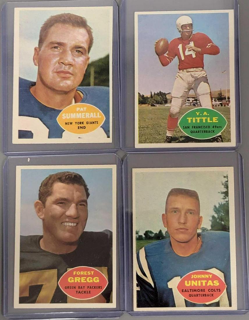Four Topps 1960 football cards: Four Topps 1960 football cards, includes #1Johnny Unitas, #56 Forest Gregg, #113 Y.A. Tittle and #77 Pat Summerall,all are very good to excellent, Unitas and Tittle are slightly off center.