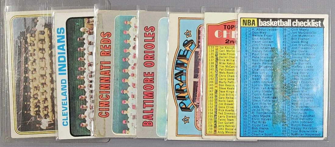 Seven assorted year Topps baseball Team cards: Seven assorted year Topps baseball team cards, includes a 1973 Cleveland Indians Team card #629, a 1974 Padres Washington Natl Lea card #226, a 1972 Pirates World Champions card #1, two 1970 team card
