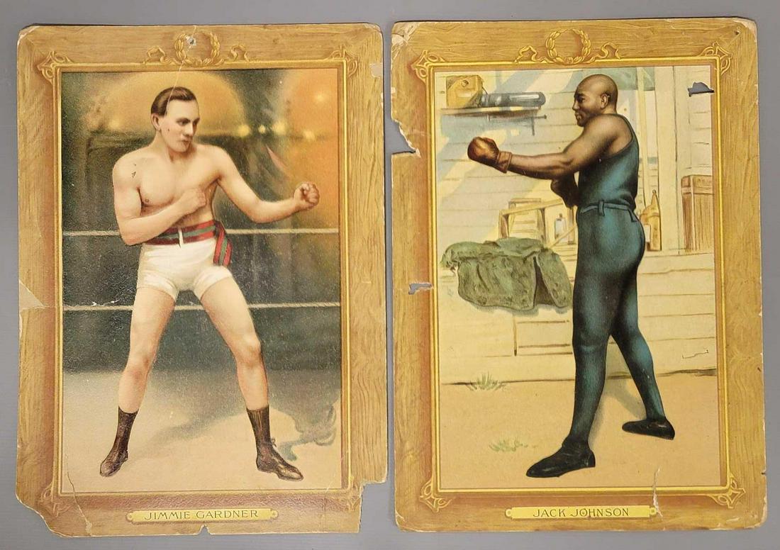 Two 1911 Prominent Base Ball Players & Athletes boxing cards: Two 1911 Prominent Base Ball Players & Athletes boxing cards, 5.75 x 8 large and impressive cards w/simulated wood frame border around choice full figure image of him in boxing stance w/detail beh