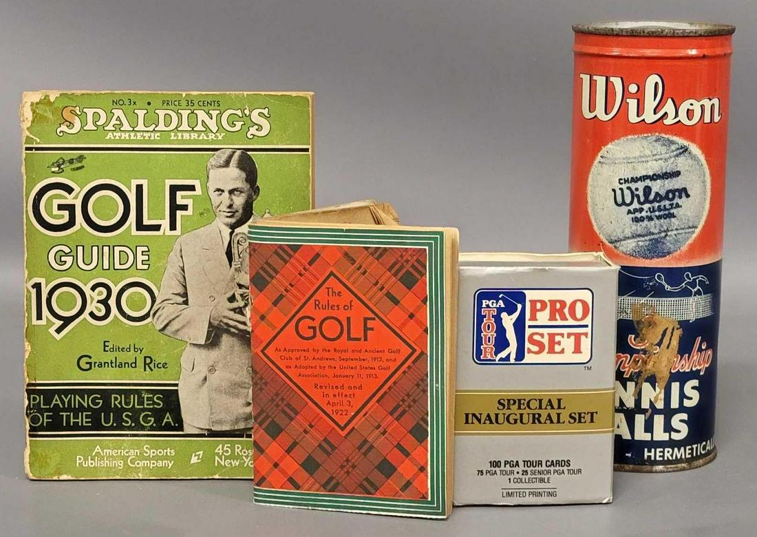 Collection Vintage Golf and Tennis memorabilia items: Collection Vintage Golf and Tennis memorabilia items, includes a sealed can of Wilson tennis balls from the 50s or 60s, it is missing the key, a 1922 The rules of golf, it is in good condition, the pa