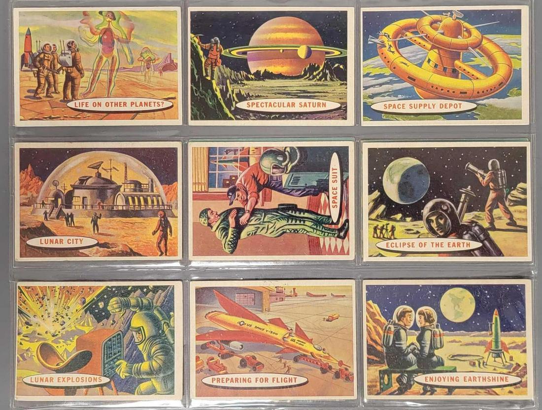 Eleven 1957 Topps Space trading cards: Eleven 1957 Topps Space trading cards, cards are in very good o excellent condition with light touches to some corners, borders are a bit off white but still quite nice, includes 13, 14, 31, 48, 50, 5