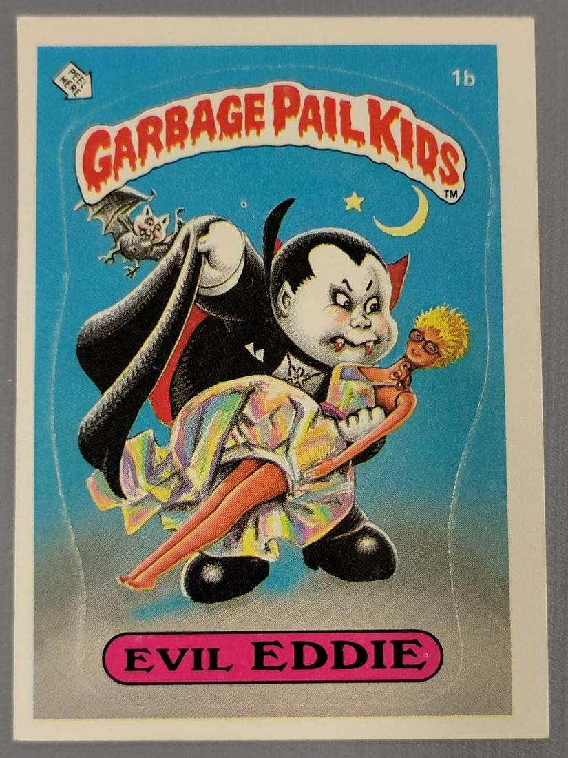 1985 Topps Series 1 Garbage Pail Kids GPK 1b Evil Eddie: 1985 Topps Series 1 Garbage Pail Kids GPK 1b Evil Eddie, card is excellent to near mint with tiny touches to left side corners, off center a bit right to left.