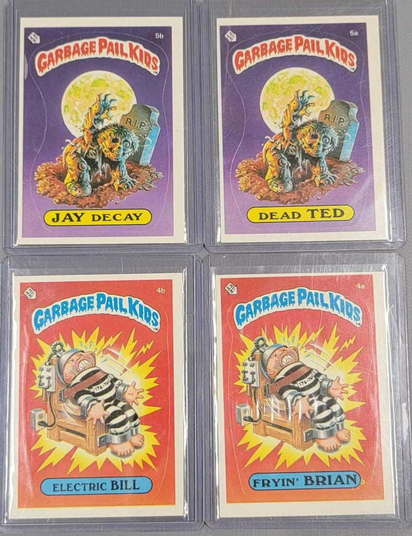 Four 1985 Topps Series 1 Garbage Pail Kids GPK cards: Four 1985 Series 1 Garbage Pail Kids GPK cards, includes 4a Fryin Brian, 4b Electric Bill, 5a Dead Ted and 5b Jay Decay, all four are excellent with sharp corners all around, all are off center right 