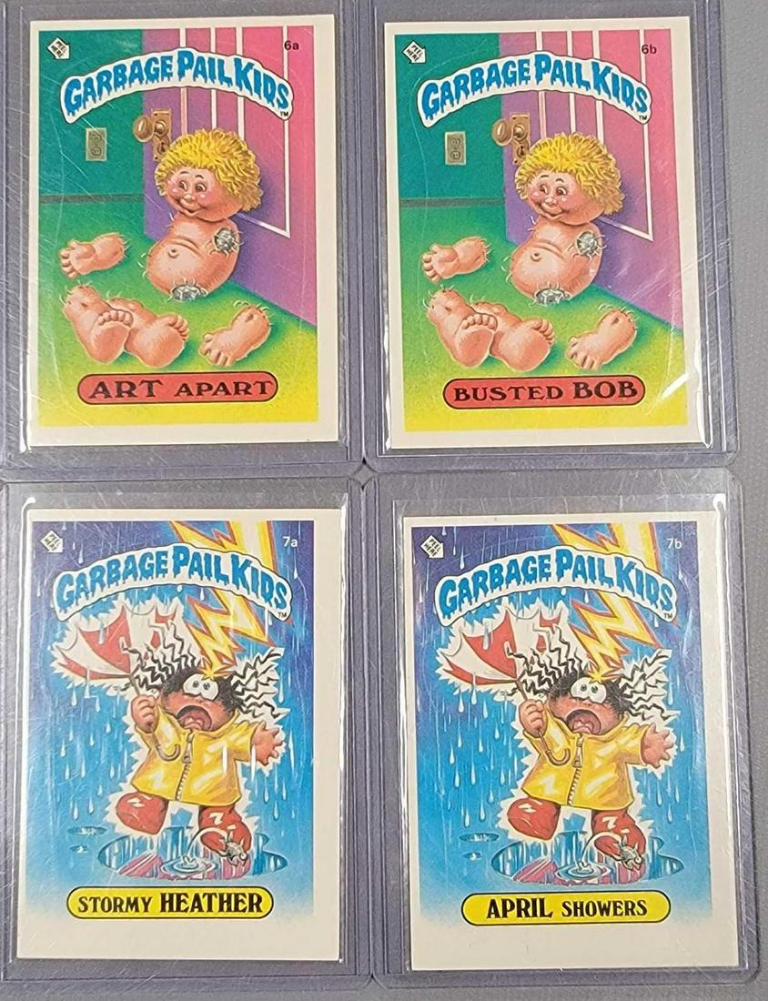 Four 1985 Topps Series 1 Garbage Pail Kids GPK cards: Four 1985 Series 1 Garbage Pail Kids GPK cards, includes 6a Art Apart, 6b Busted Bob, 7a Stormy Heather and 7b April Showers all four are excellent with sharp corners all around except the April Showe