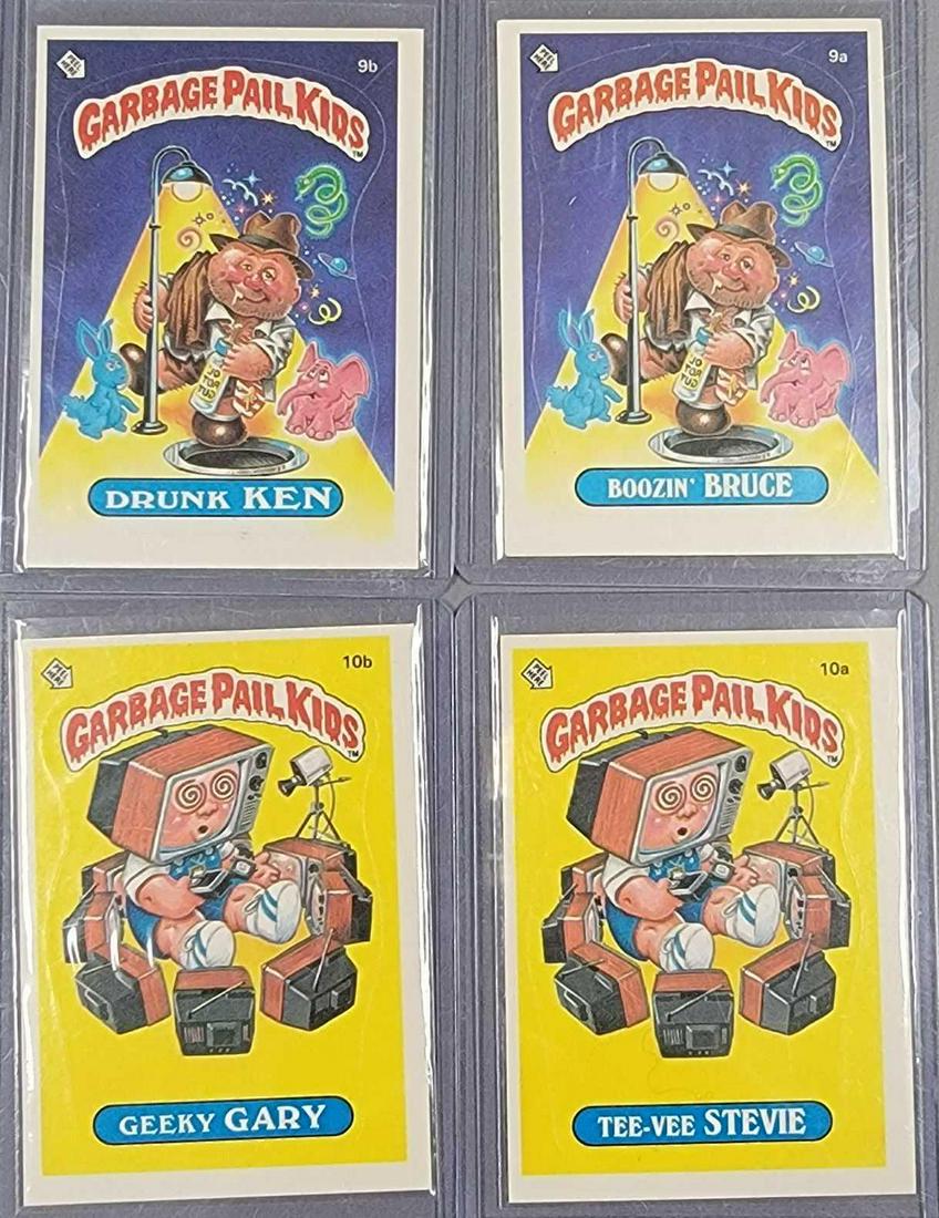 Four 1985 Topps Series 1 Garbage Pail Kids GPK cards: Four 1985 Series 1 Garbage Pail Kids GPK cards, includes 9a Boozin 9b Bruce, Drunk Ken, 10a Tee-vee Stevie and 10b Geeky Gary, all four are excellent with sharp corners all around except the Boozin Br