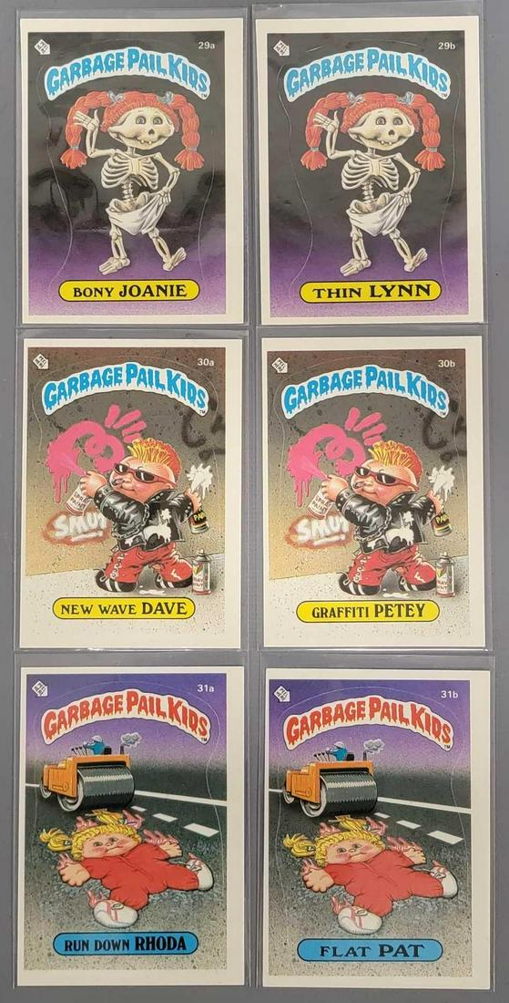Six 1985 Topps Series 1 Garbage Pail Kids GPK cards: Six 1985 Series 1 Garbage Pail Kids GPK cards, includes 29a Bony Joanie, 29b Thin Lynn, 30a New Wave Dave, 30b Graffiti Petey, 31a Run Down Rhoda and 31b Flat Pat, all are excellent with sharp corners