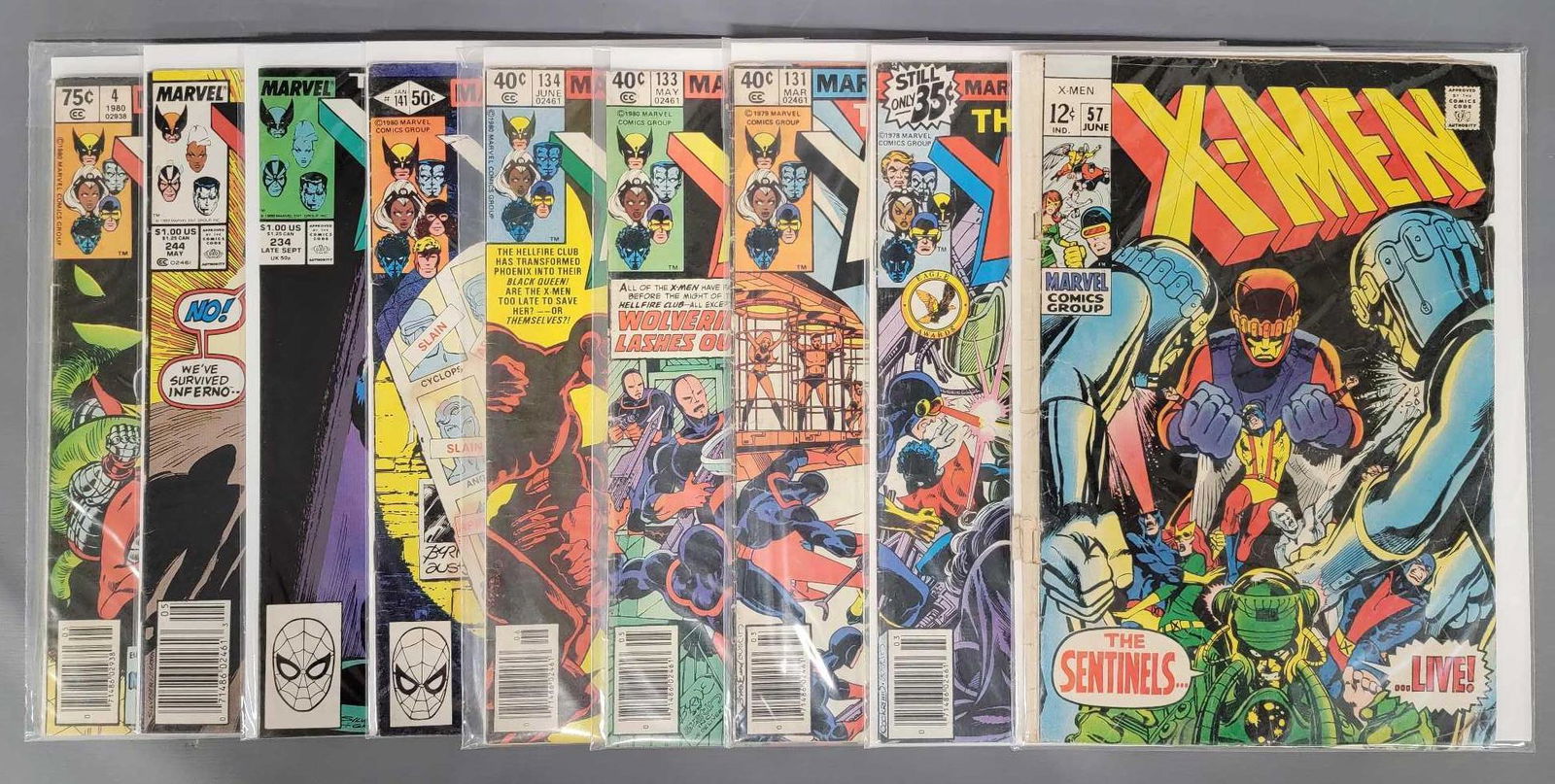 Nine Marvel X-men comics: Nine Marvel X-men comics, includes 57, 119, 131, 133, 134, 141, 234, 244 and #4 King Size Annual, all of these books are good to very good, are read and have edge and corner wear, some have corner cre