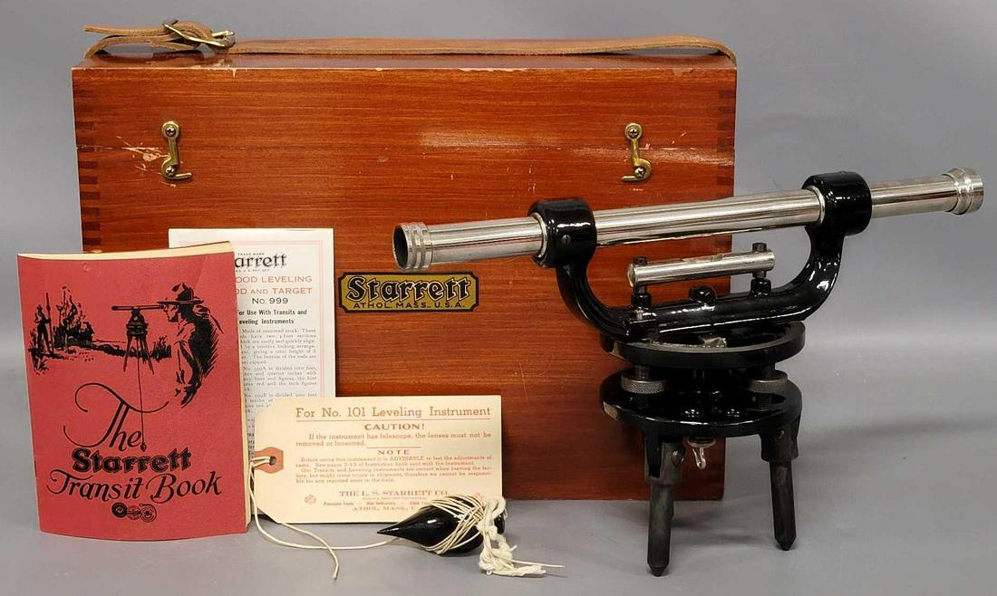 Vintage Starrett Transit Leveling instrument #101A in original wood box: Vintage Starrett Transit Leveling instrument #101A in original wood box, brand new in original box, instrument is like new of course, it has its plumb bob weight with original string, has all original