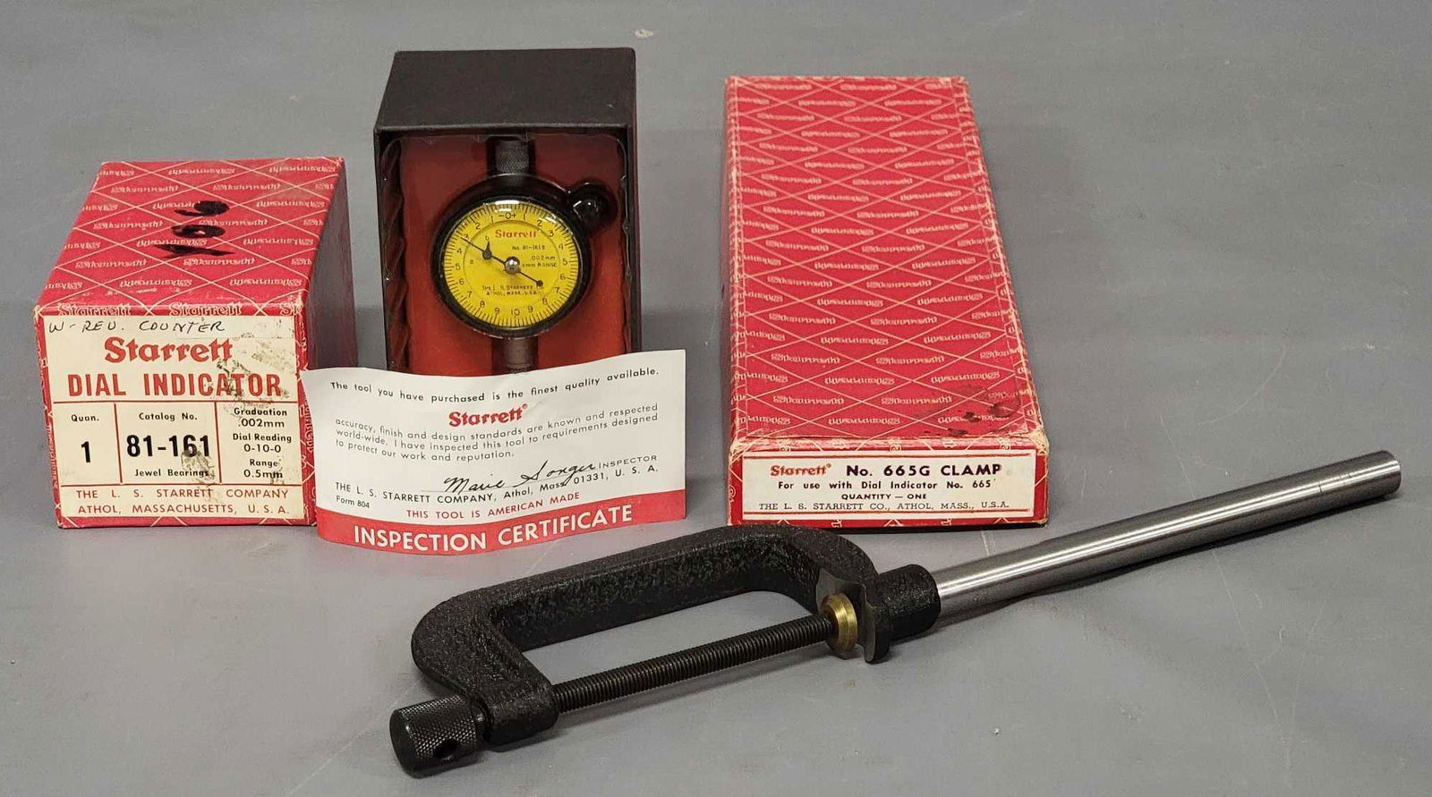 Vintage Starrett 81-161 Dial Indicator and 665G clamp in original boxes (1 of 9)