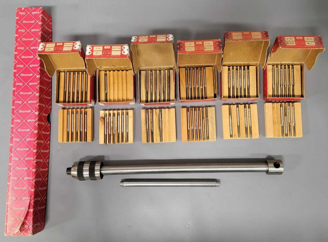 Vintage Starrett 93F T-handle Tap Wrench with Vermont machine screw taps: Vintage Starrett 93F T-handle Tap Wrench with six boxes of Vermont machine screw taps, tap wrench is new, still wrapped in factory paper, taps are old dealer boxes so some are missing a few, boxes are