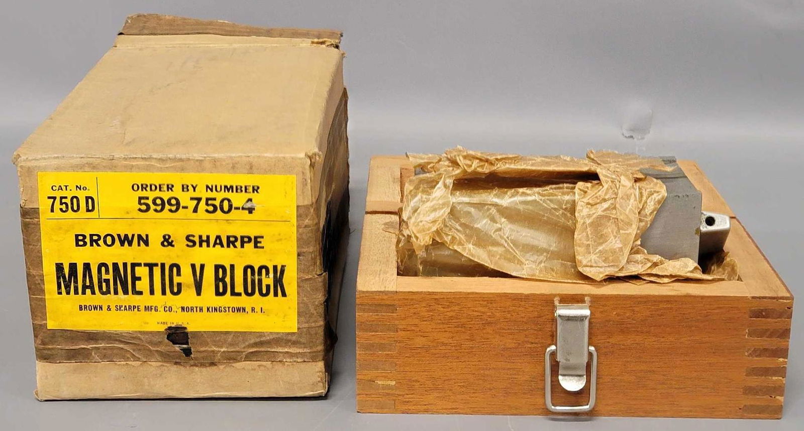 Vintage Brown & Sharpe Magnetic V block new old stock: Vintage Brown & Sharpe Magnetic V block new old stock, opened for pics, has original factory wax wrap, the latch screws on the wooden box are stripped, needs a couple of larger screws to repair, e