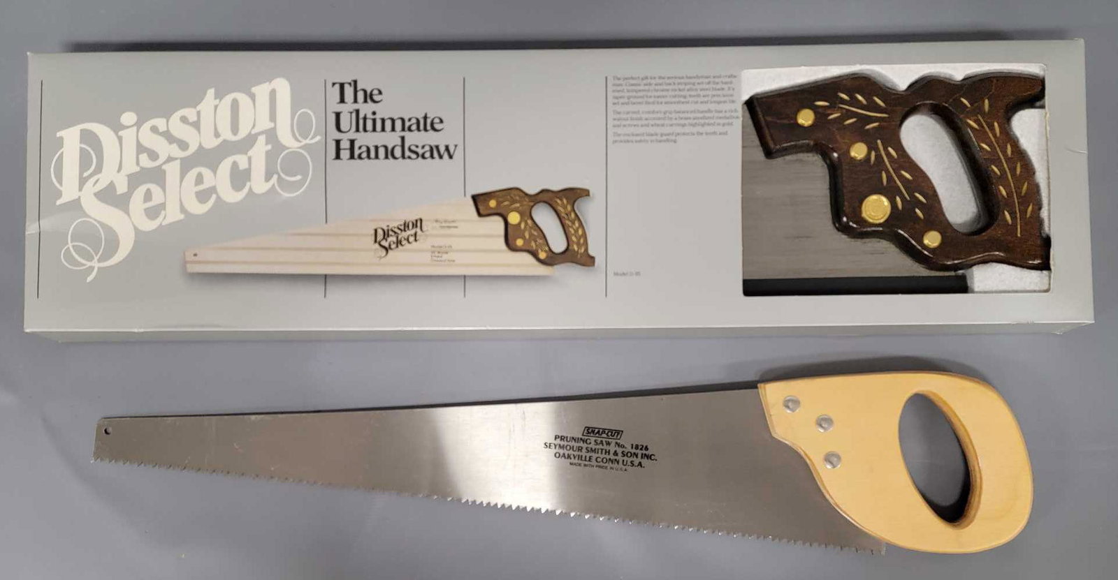 Disston Select Model D-95 26 inch blade 8 point Crosscut saw in original box plus Snap cut saw: Disston Select Model D-95 26 inch blade 8 point Crosscut saw in original box plus snap chassis is untested saw, Disston is mint in original box, Snap cut is a pruning saw that is new unused.