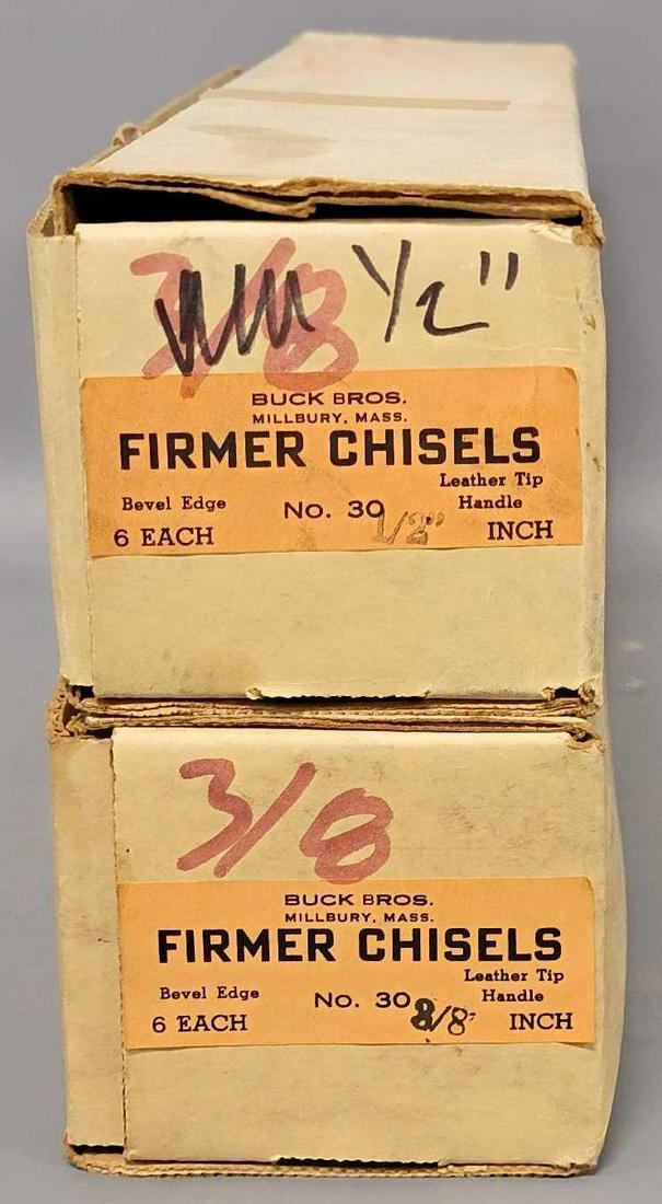 Two dealer boxes of Buck Bros Firmer Chisels in 1/2 inch and 3/8inch: Two dealer boxes of Buck Bros Firmer Chisels in 1/2 inch and 3/8 inch, each box contains six new old stock chisels, in fact boxes were just opened for these pictures, the newspaper wrapping inside is 