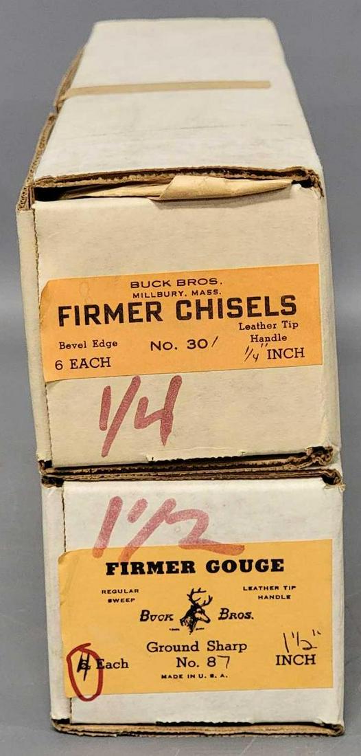 Two dealer boxes of Buck Bros Firmer Chisels in 1/4 inch and 1 1/2 inch Firmer gougers: Two dealer boxes of Buck Bros Firmer Chisels in 1/4 inch and 1 1/2 inch Firmer gougers, 1/4 inch chisel box contains six new old stock chisels, the Gouger box has 4 chisels, in fact boxes were just op