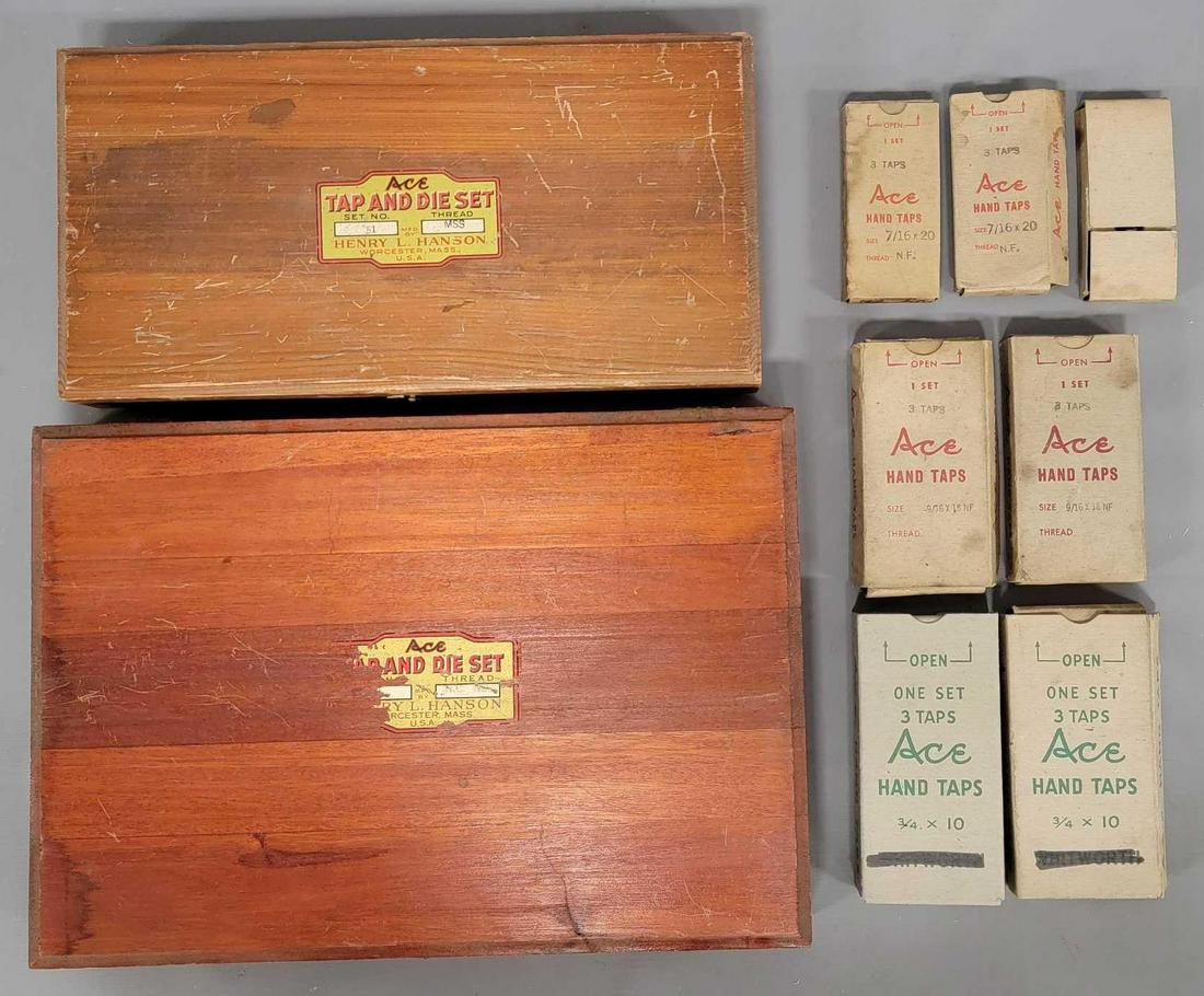 Two vintage Ace tap and die sets in original wooden cases plus taps: Two vintage Ace tap and die sets in original wooden cases plus taps, includes two cases, both complete, they do have light rust and oxidation in spots, as these sets are quite old and sat in a storage
