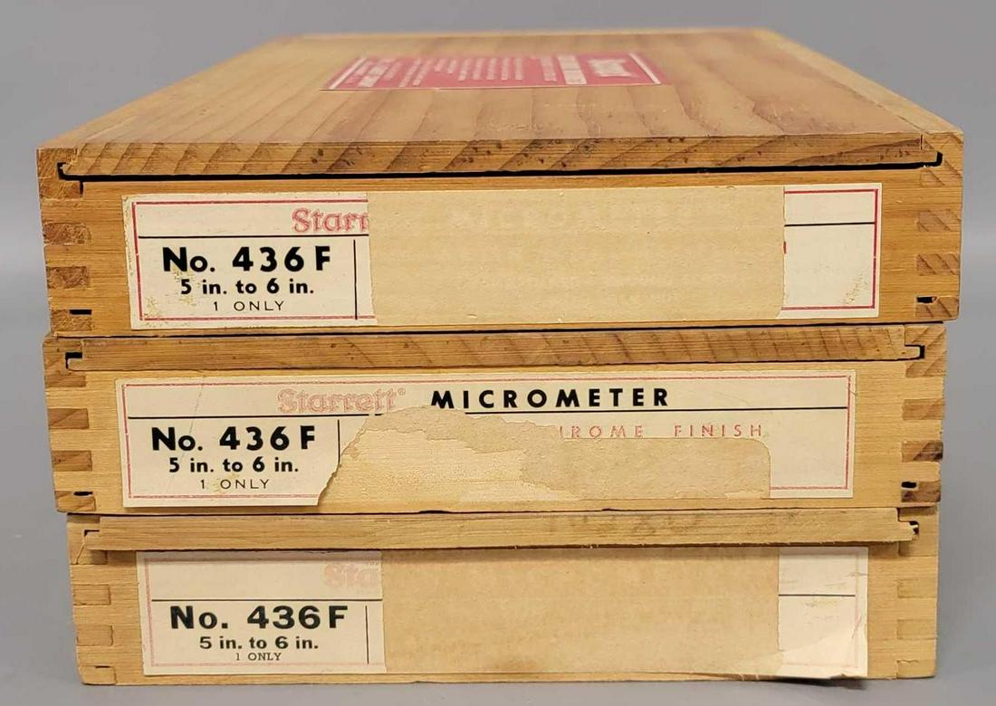 Three vintage Starrett no 436F 5 in to 6 in chrome finish micrometers in original boxes (1 of 4)
