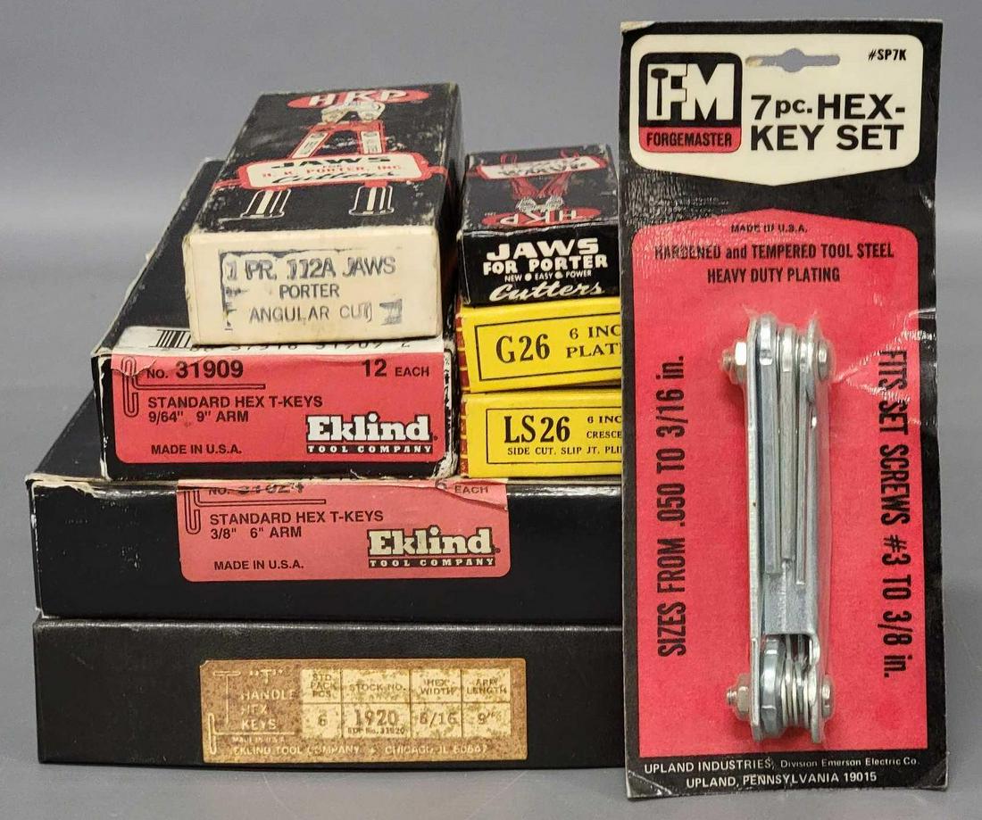Collection of seven boxes containing vintage tools and parts: Collection of seven boxes containing vintage tools and parts, includes two Crescent Tool Co wrenches, including No G26 6 inch combination plier and No LS26 thin nose cutting plier, two HKP replacement