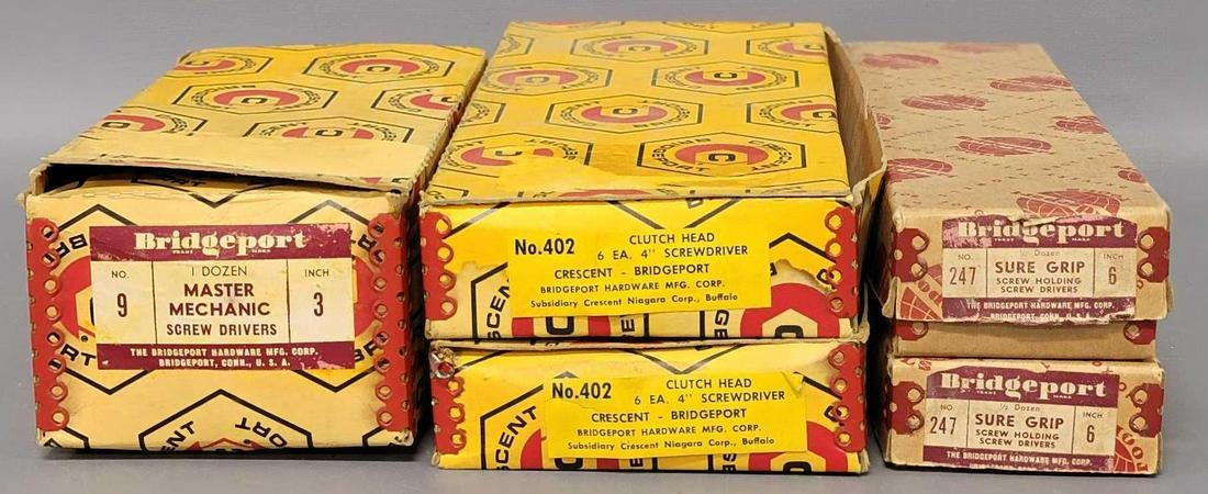 Five assorted boxes of Bridgeport and Crescent tools: Five assorted boxes of Bridgeport and Crescent tools, includes ten total Bridgeport Tools no 247 sure grip screw holding screw drivers in two original boxes, twelve total Crescent Tools no 402 4 inch 