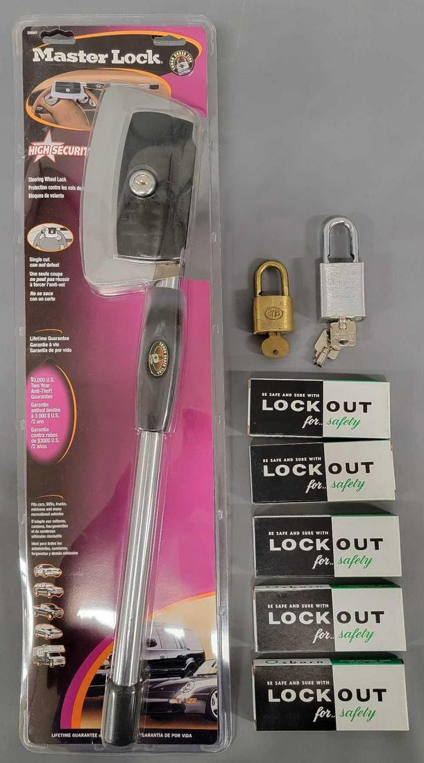 Collection of eight locks and lock related items: Collection of eight locks and lock related items, includes five Osborn OG-80-2 Lockouts in original boxes, a brass Wilson Bohannan lock with original brass key, a series 7200 American lock company loc