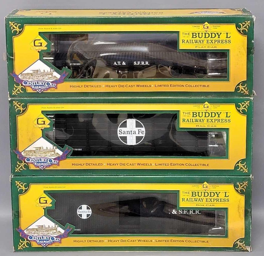 Three Century Old Railroad G Scale The Buddy L Railway Express train cars: Three Century Old Railroad G Scale The Buddy L Railway Express train cars, includes Flat car, box car and a rail car, the flat and rail cars are limited to 1000 pieces, the box car is 1 of 1500, all l
