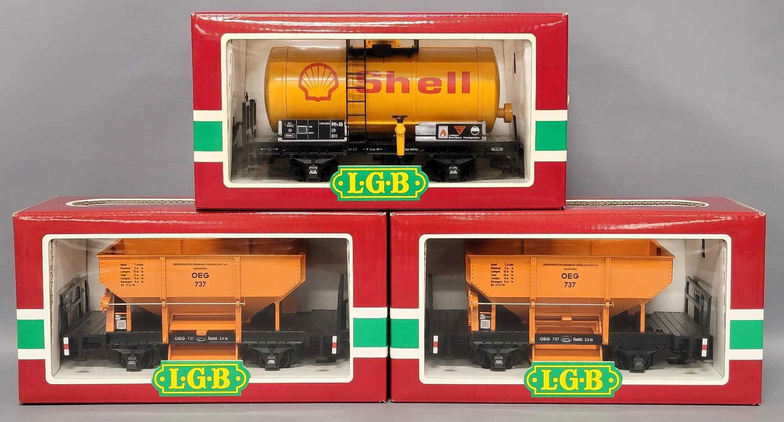 Three LGB G Gauge includes 4040 Shell and two 4041 single bay hopper train cars in original boxes (1 of 9)