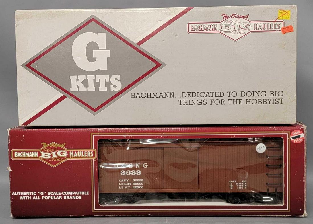 Four Bachmann Big Haulers G Gauge train cars in original boxes: Four Bachmann Big Haulers G Gauge train cars in original boxes, includes 98909 stock car unassembled kit, 98320 flat car with closed trailer, Durango & Silverton NG box car and 93177 Logging caboo