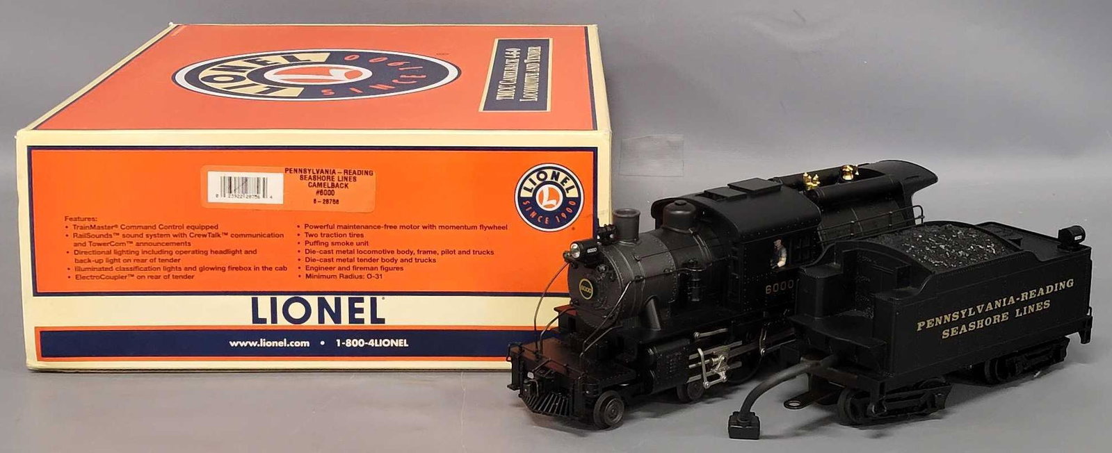 Lionel O Gauge Pennsylvania-Reading Seashore Lines Camelback locomotive in original box: Lionel O Gauge Pennsylvania-Reading Seashore Lines Camelback locomotive in original box, #285756 locomotive and tender are excellent C7 and have been run, very clean with no visible issues, comes in a