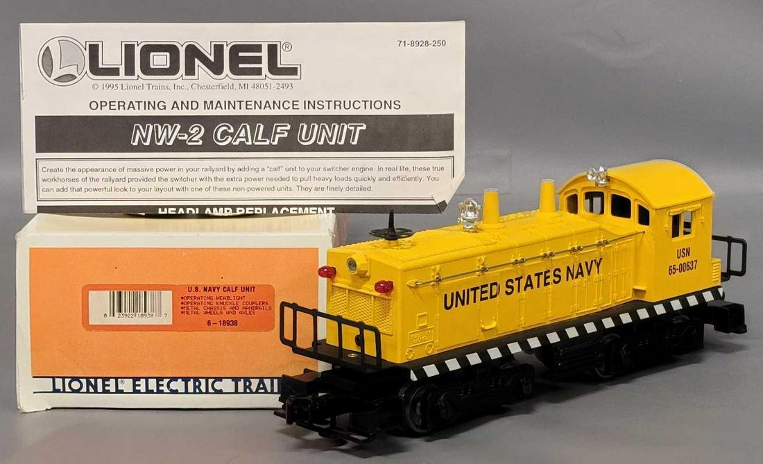 Lionel O Gauge US Navy NW-2 Calf Unit diesel switcher in original box: Lionel O Gauge US Navy NW-2 Calf Unit diesel switcher in original box, #18938 locomotive appears very good to excellent C6-7 with run time, it comes in a fair original box as it has considerable fadin