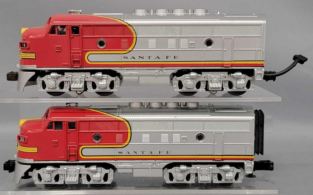 MTH O Gauge Santa Fe F-3 AA diesel set: MTH O Gauge Santa Fe F-3 AA diesel set , includes both a powered and a Dummy A unit both are very good to excellent condition C6-7 with run time, the powered unit has a Proto cable, the non-powered un